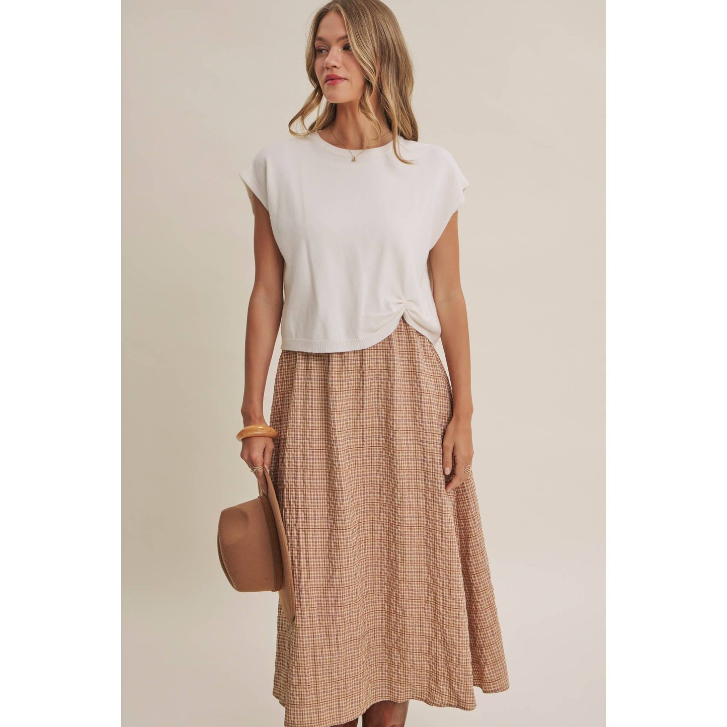 GINGHAM SWEATER MIDI DRESS