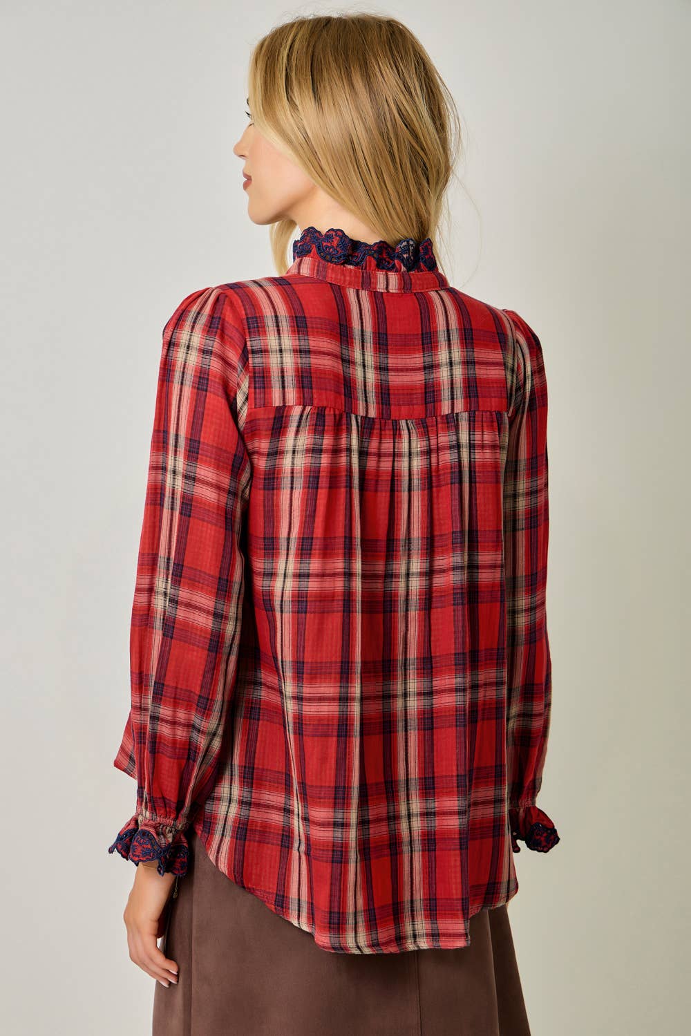 Embroidered Lace Plaid Blouse