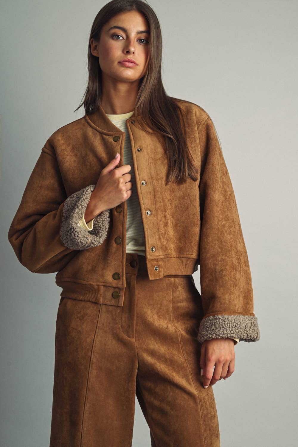 SUEDE SHERPA LINED BOMBER JACKET
