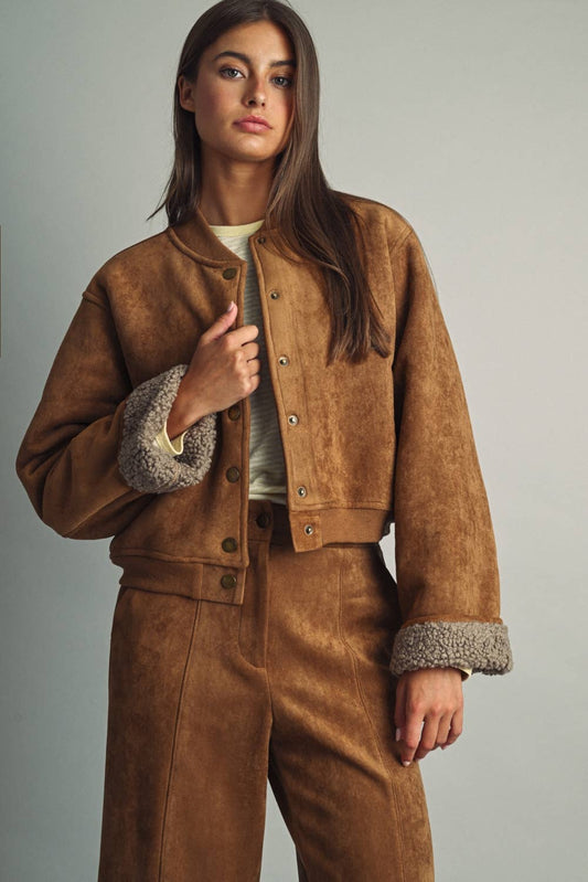 SUEDE SHERPA LINED BOMBER JACKET