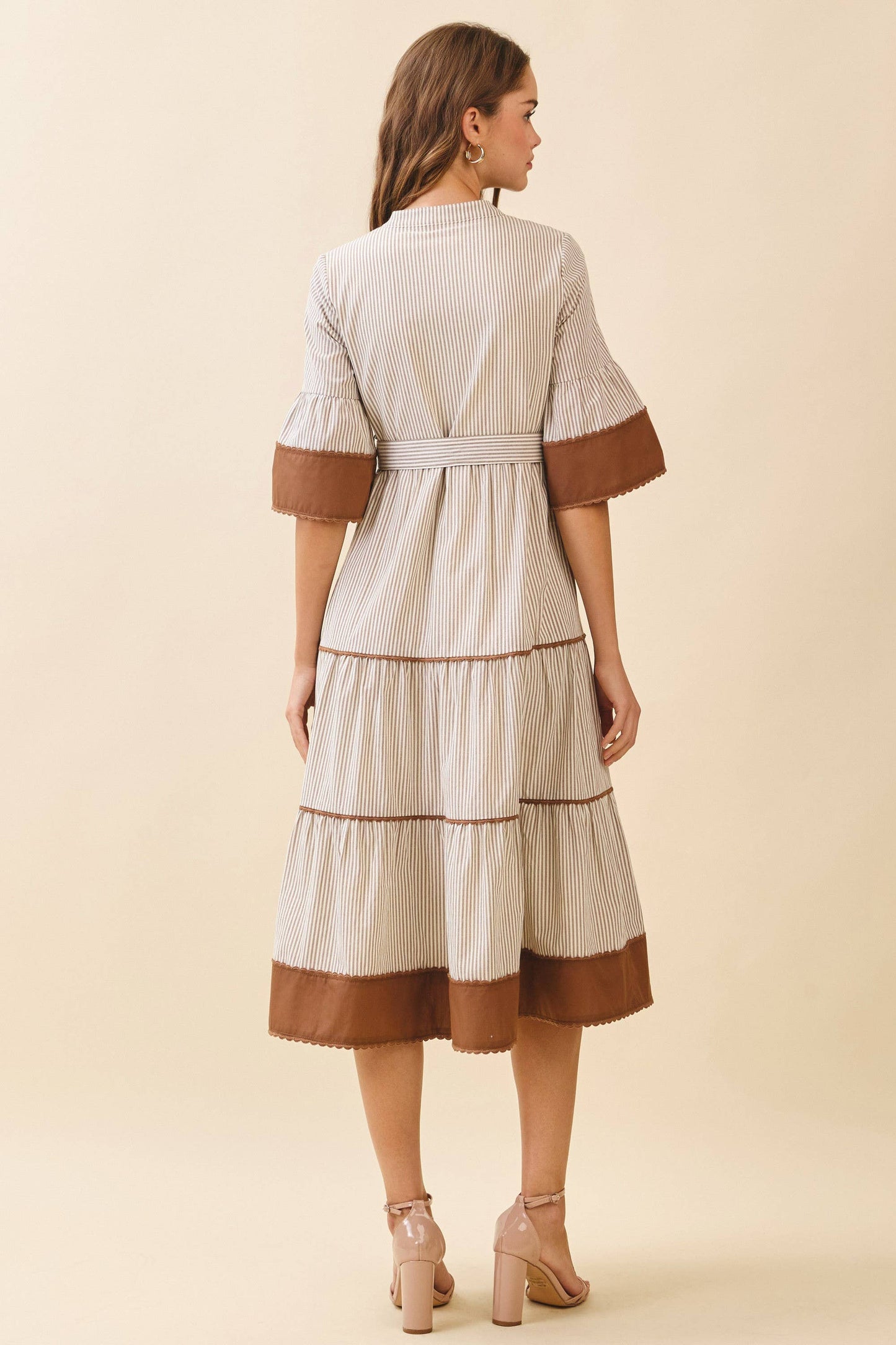 Striped Split Neck Contrast Trim Detail Midi Dress
