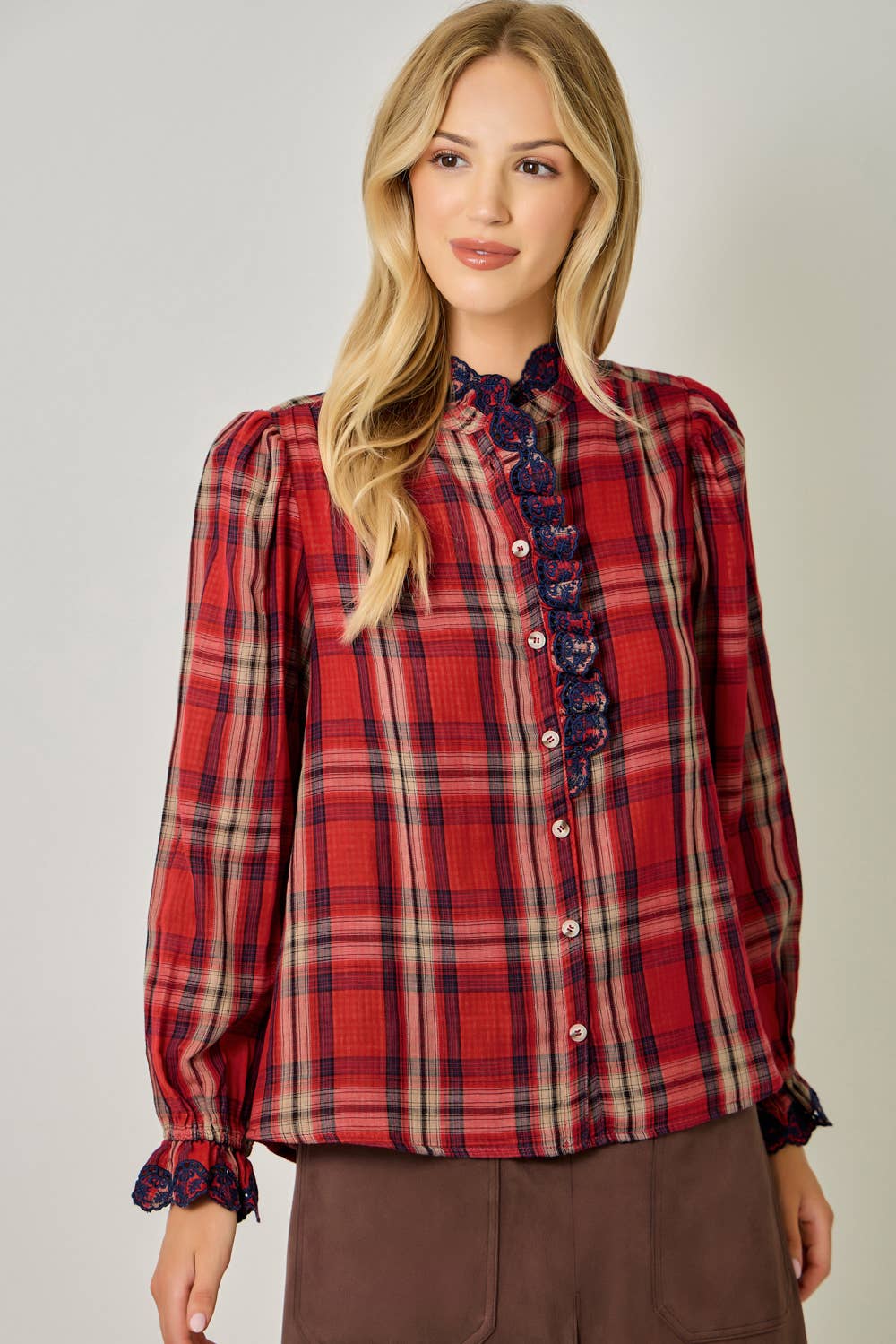 Embroidered Lace Plaid Blouse