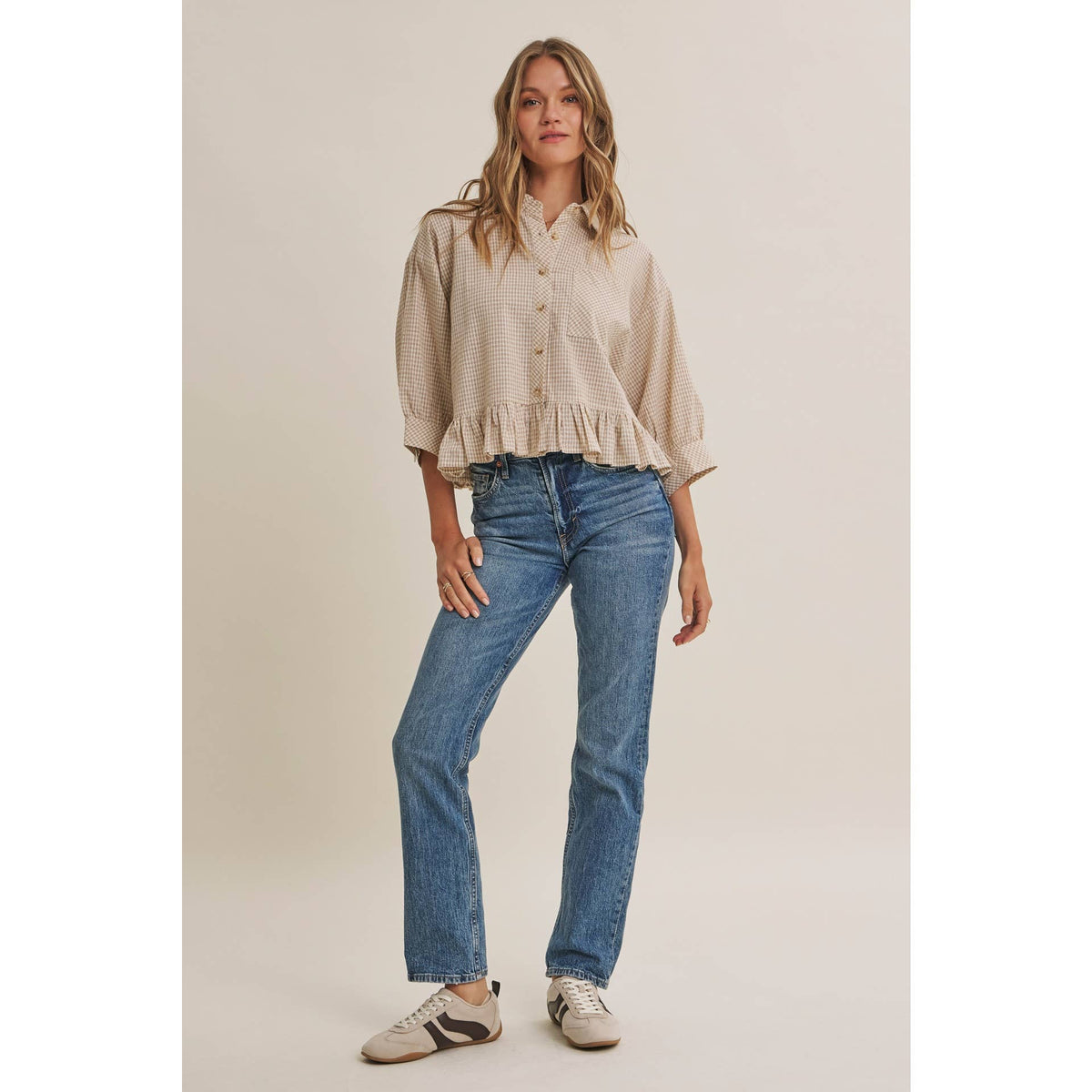 MICRO CHECK RUFFLE HEM BUTTON-DOWN SHIRT