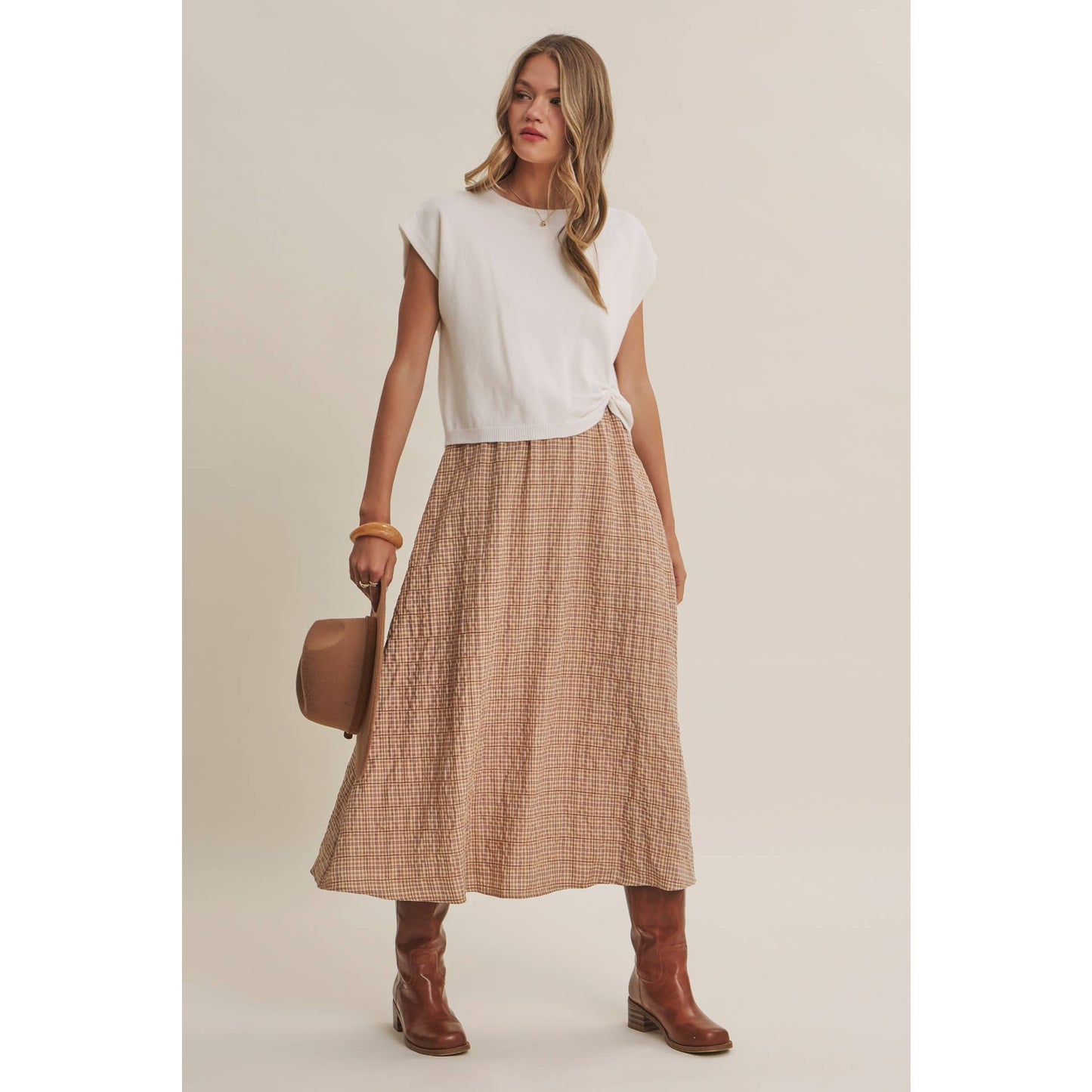 GINGHAM SWEATER MIDI DRESS