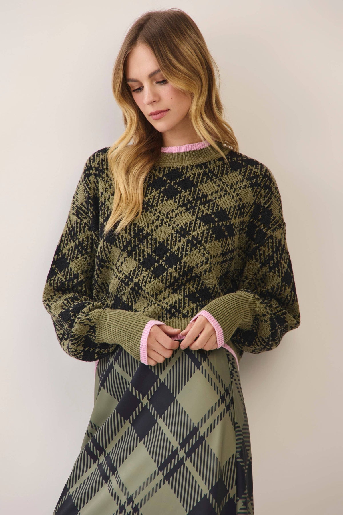 Plaid pink trim sweater