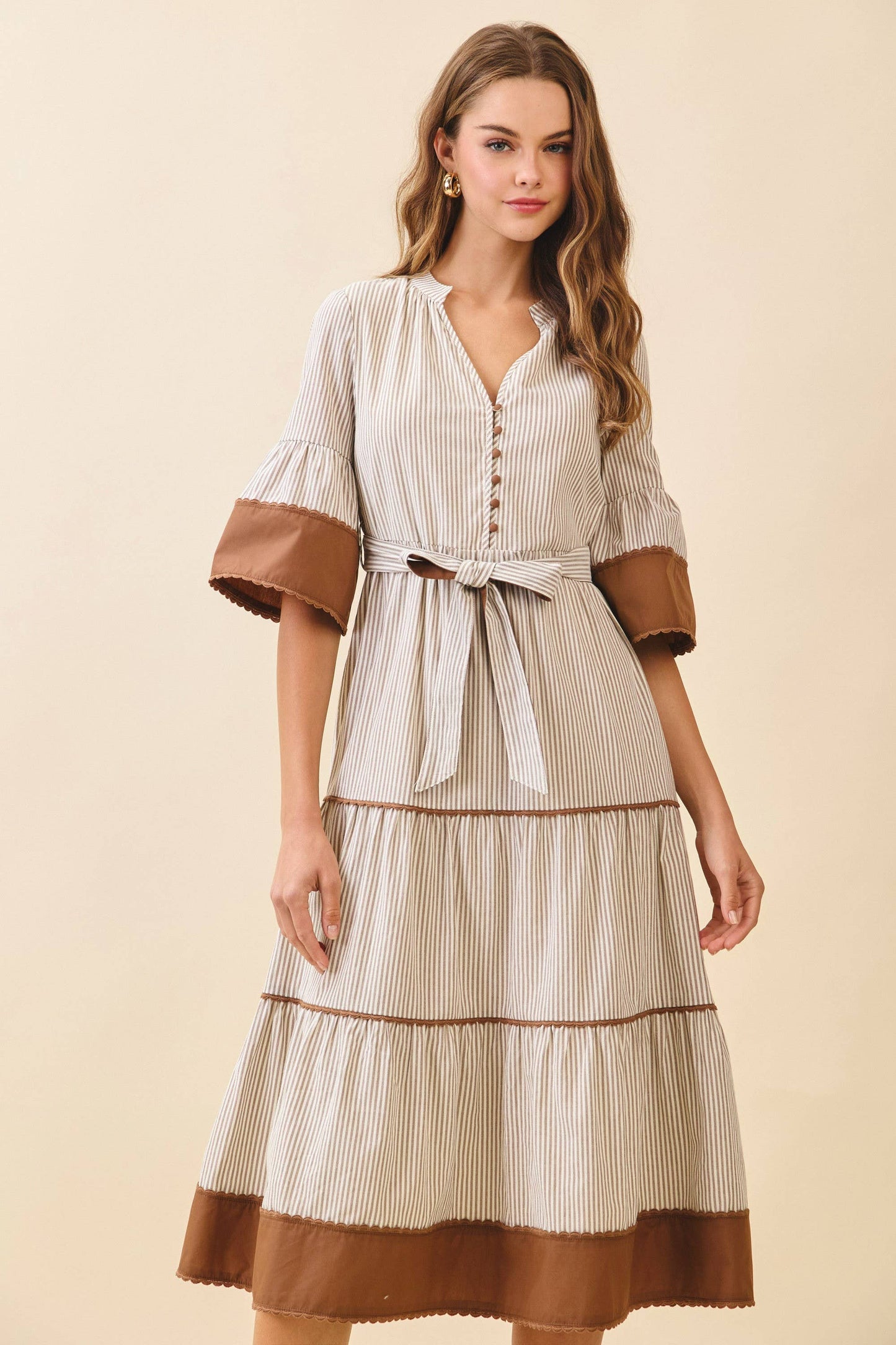 Striped Split Neck Contrast Trim Detail Midi Dress