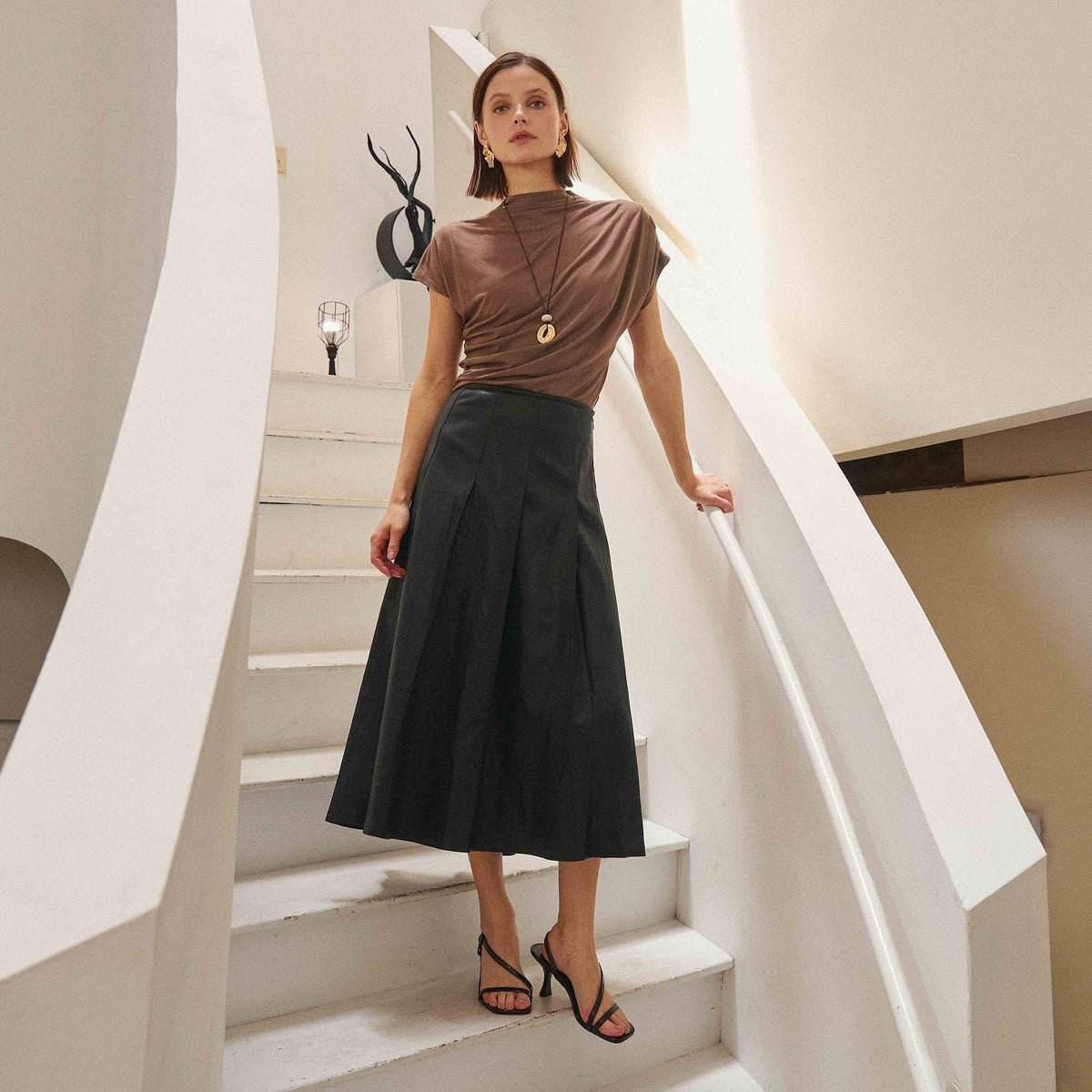 Leather Pleated Midi Skirt