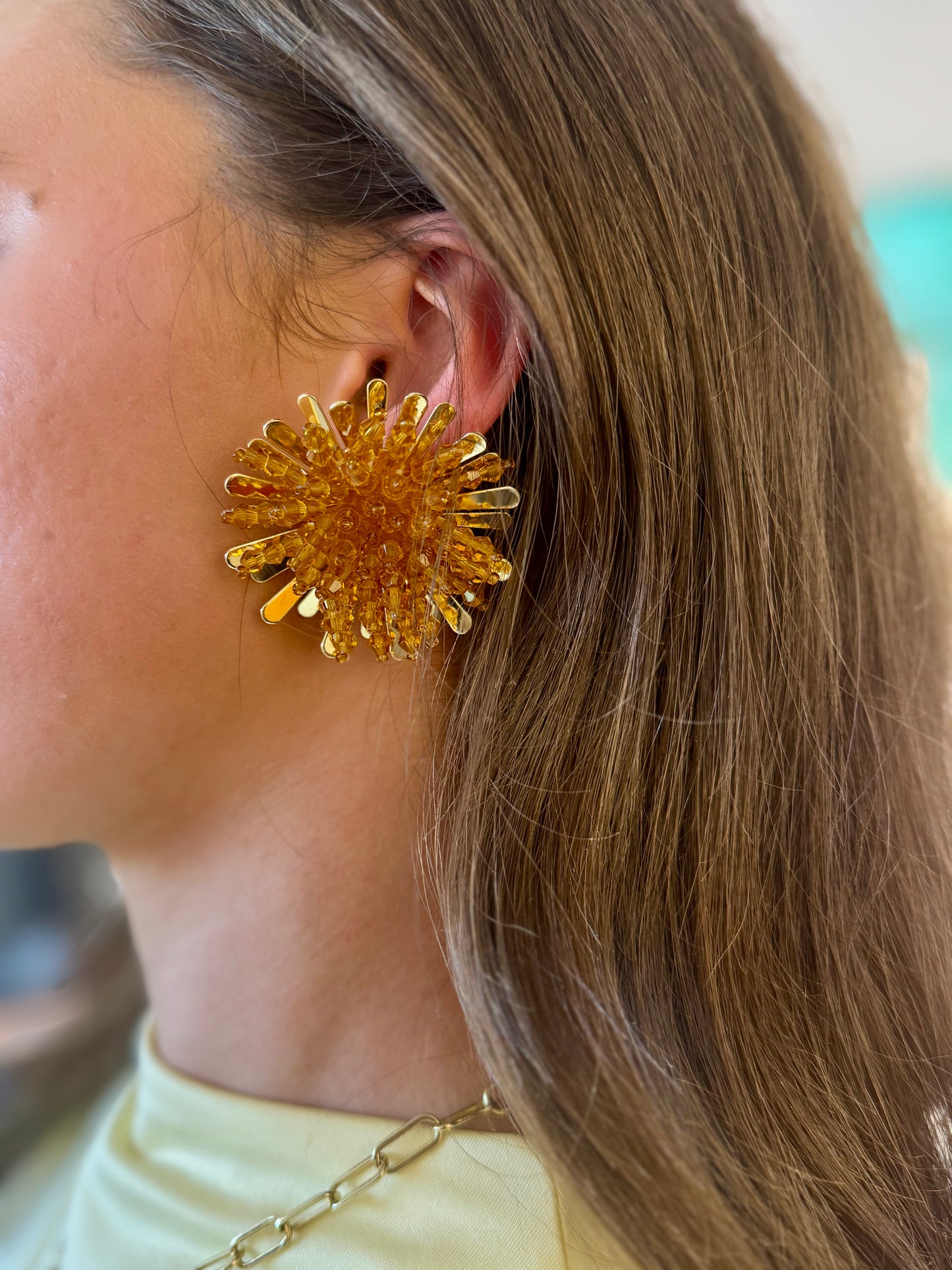 METAL BEADED SUNBURST STATEMENT EARRINGS