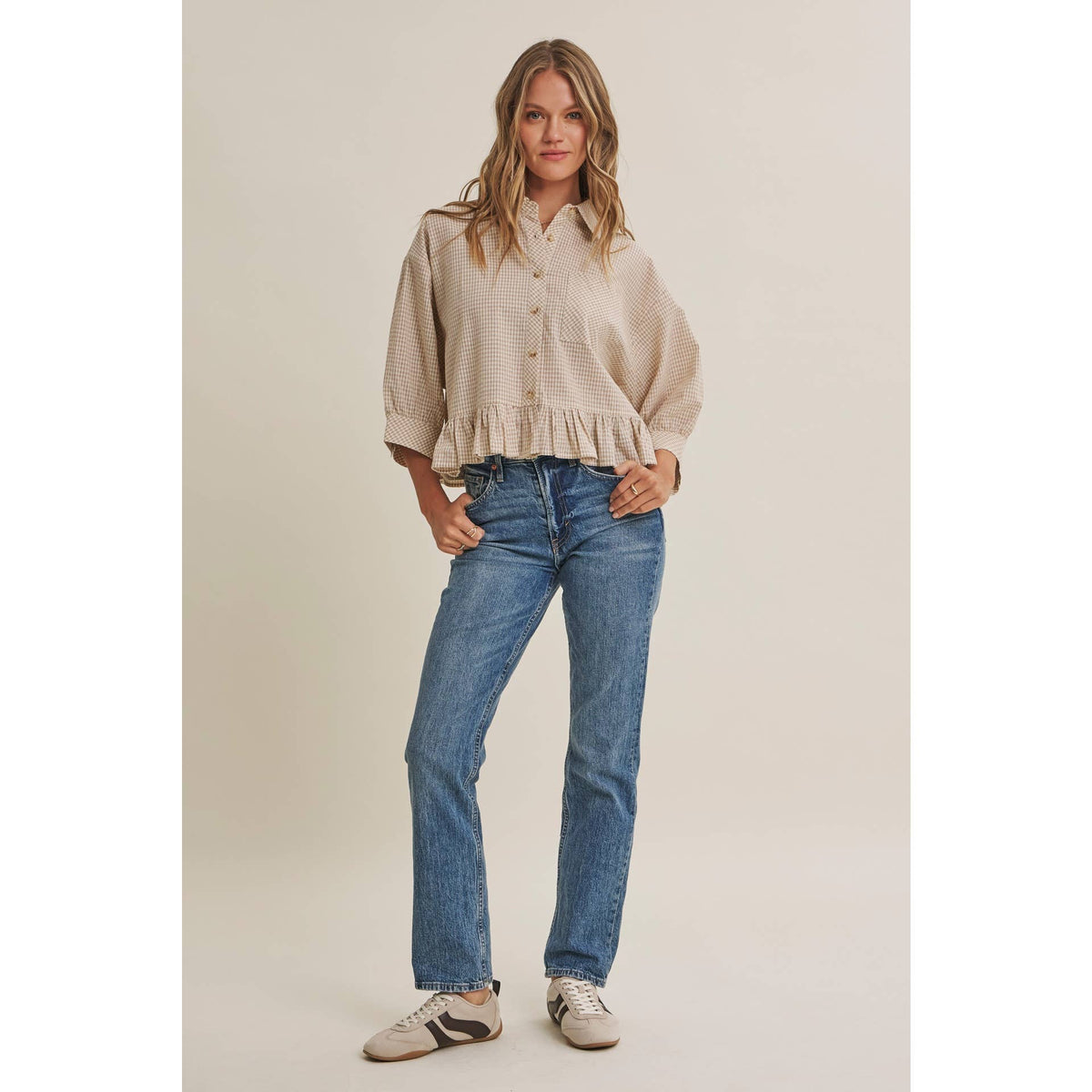 MICRO CHECK RUFFLE HEM BUTTON-DOWN SHIRT
