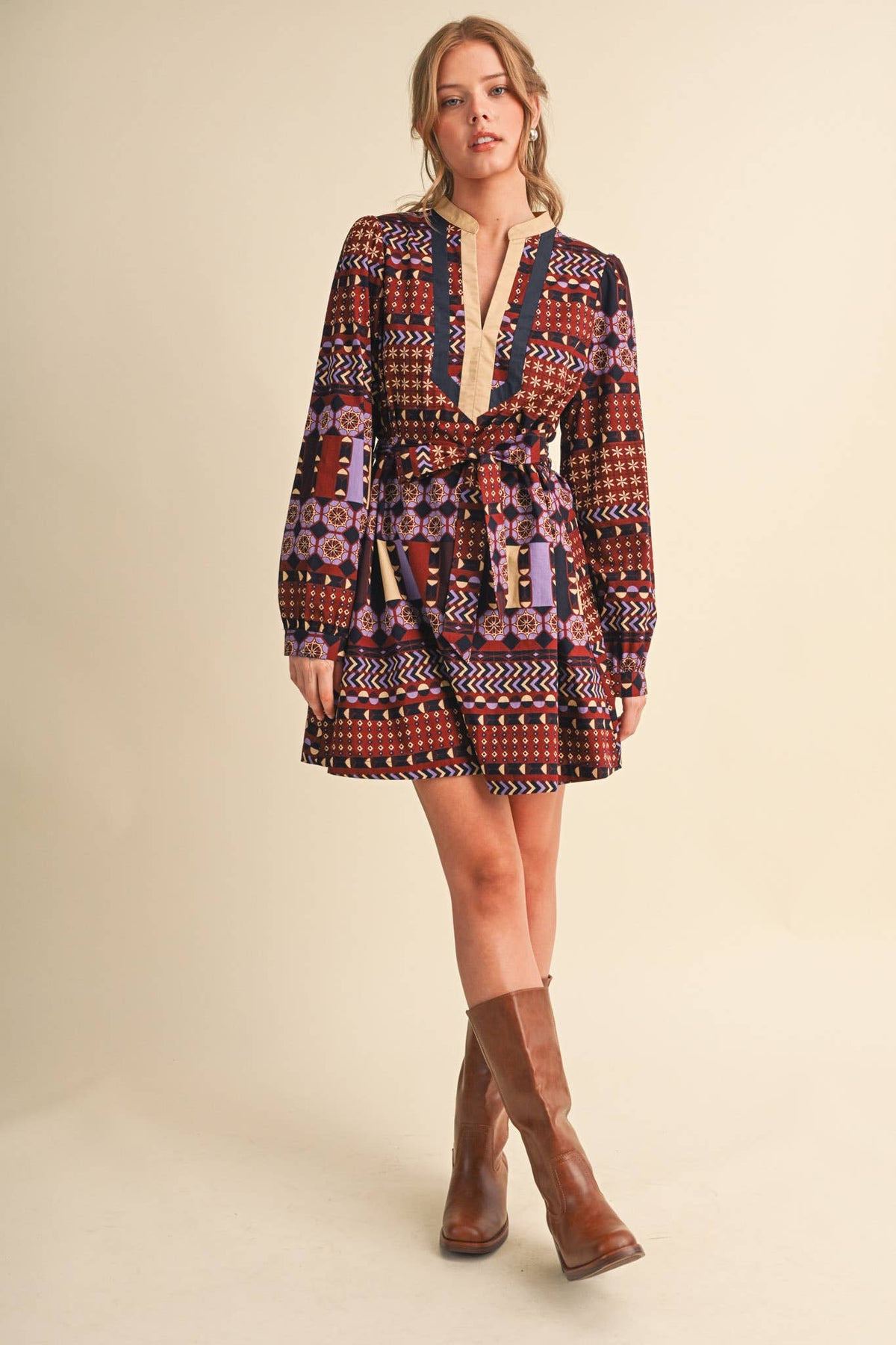 PRINT BELTED MINI DRESS