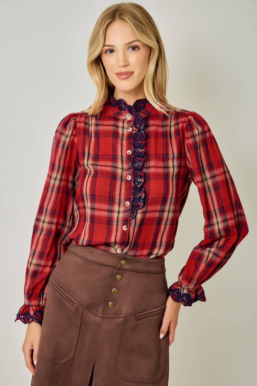 Embroidered Lace Plaid Blouse