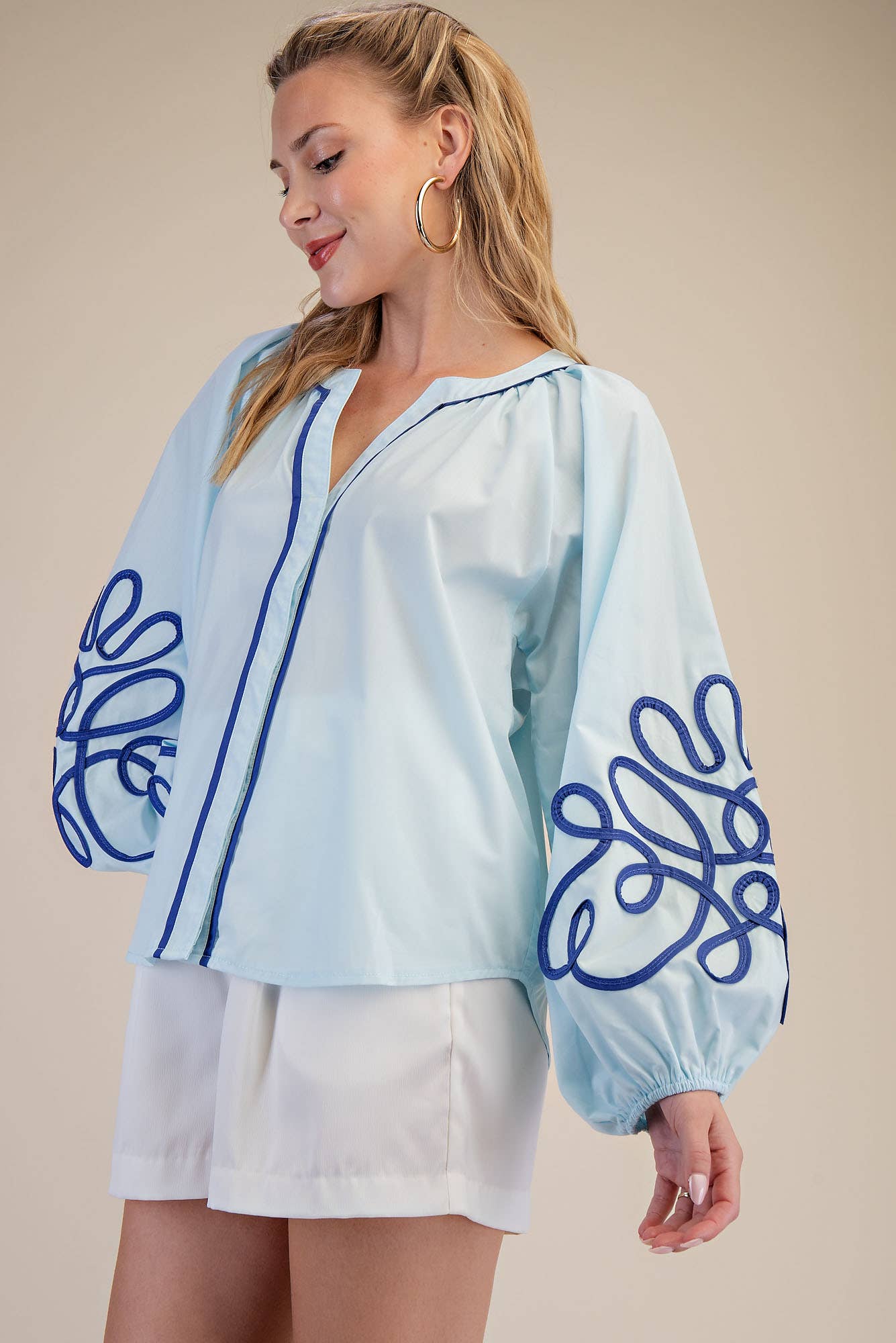 Contrast Detail Puff Sleeve Blouse