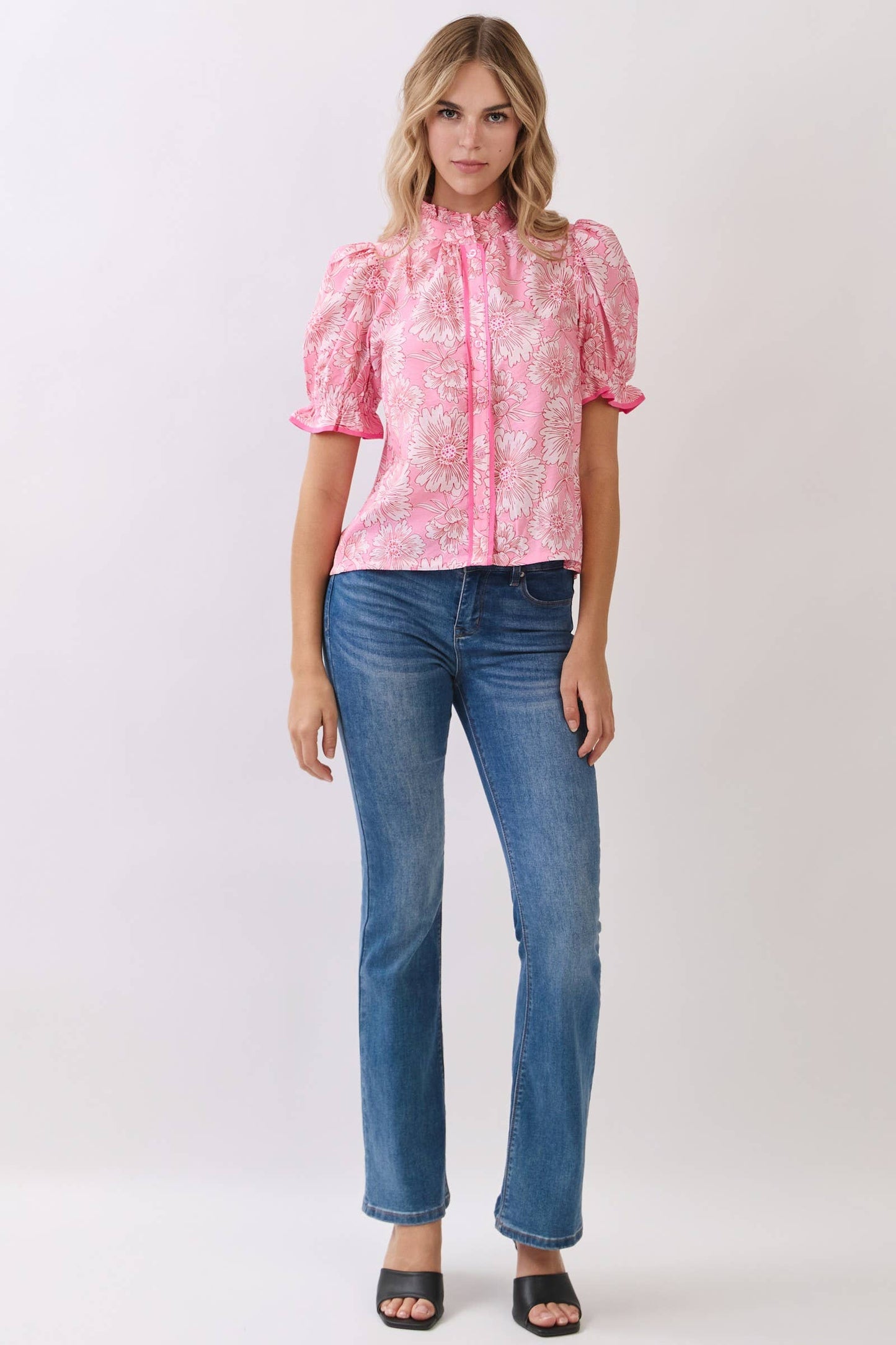 Floral Contrast Piping Detail Puff Sleeve Blouse