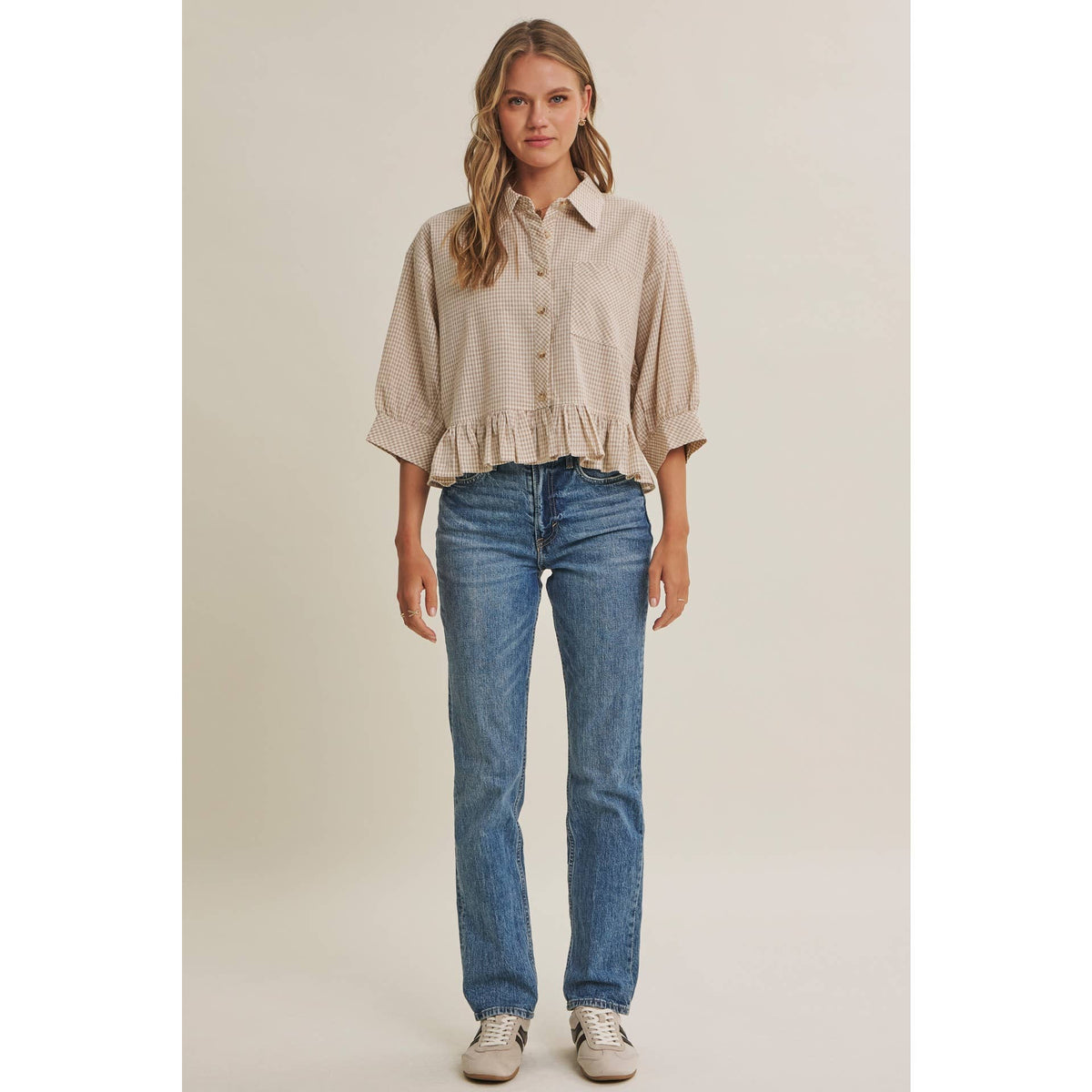 MICRO CHECK RUFFLE HEM BUTTON-DOWN SHIRT