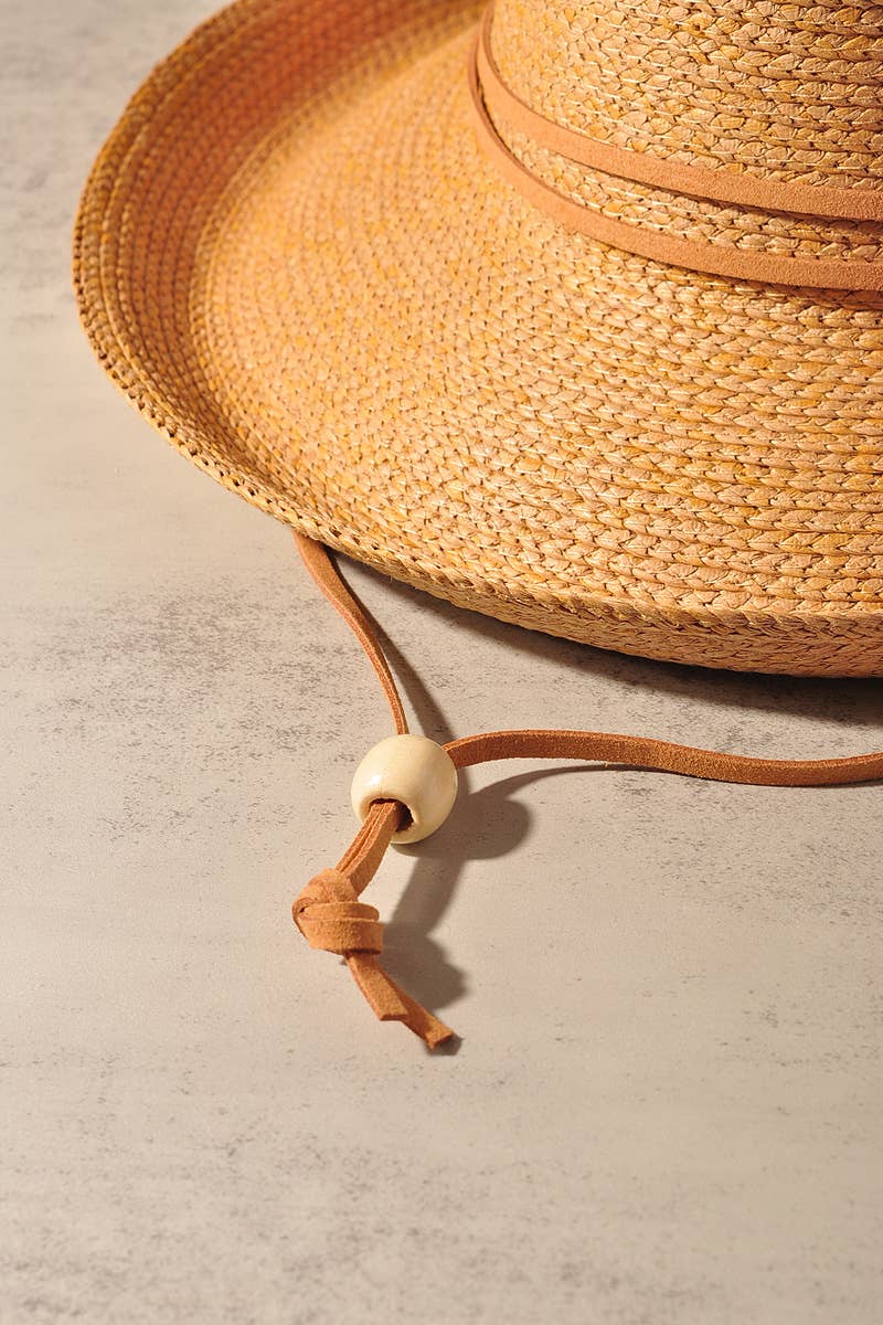 Wide Brim Woven Straw Cowboy Hat with Chin Strap