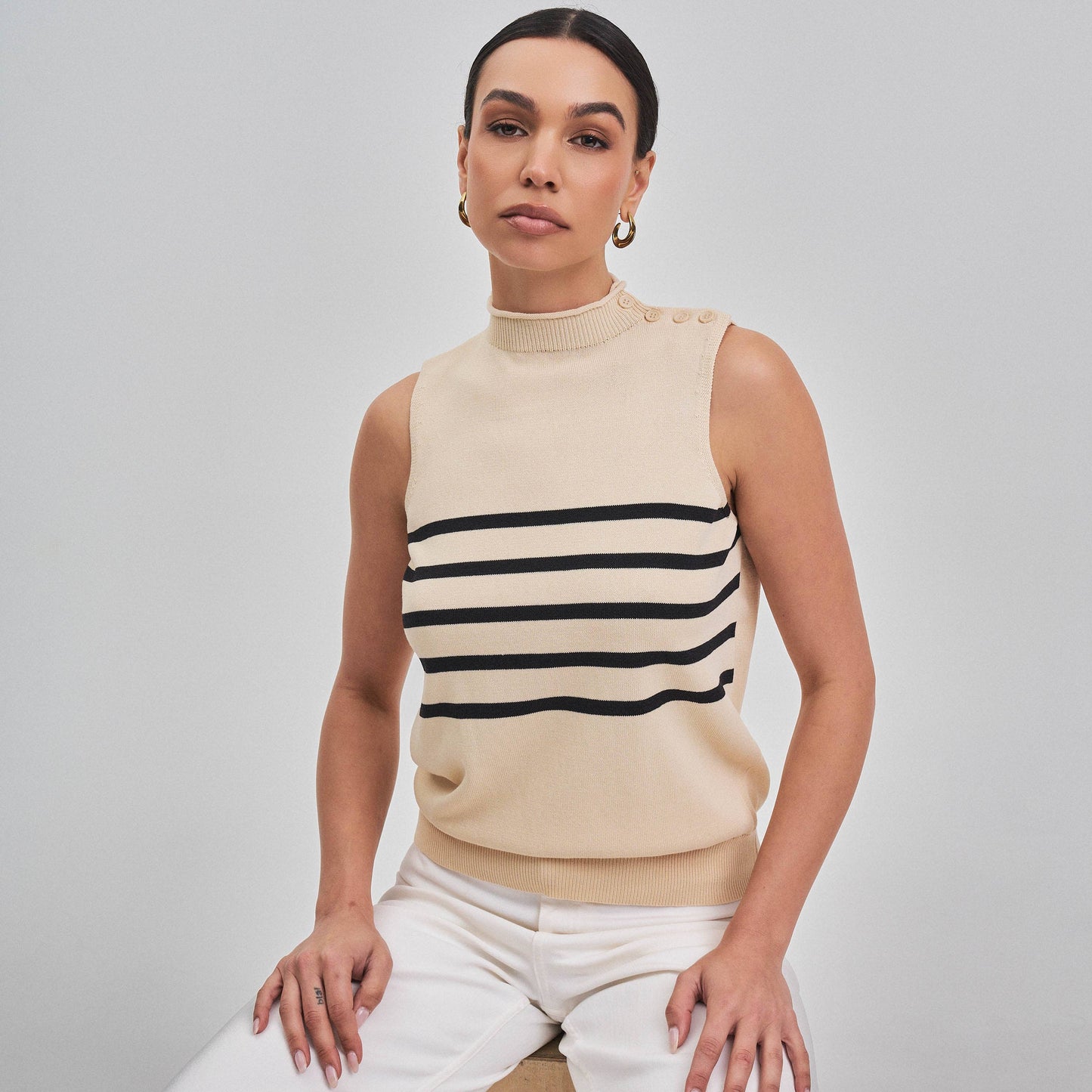 Sleeveless mock neck striped sweater