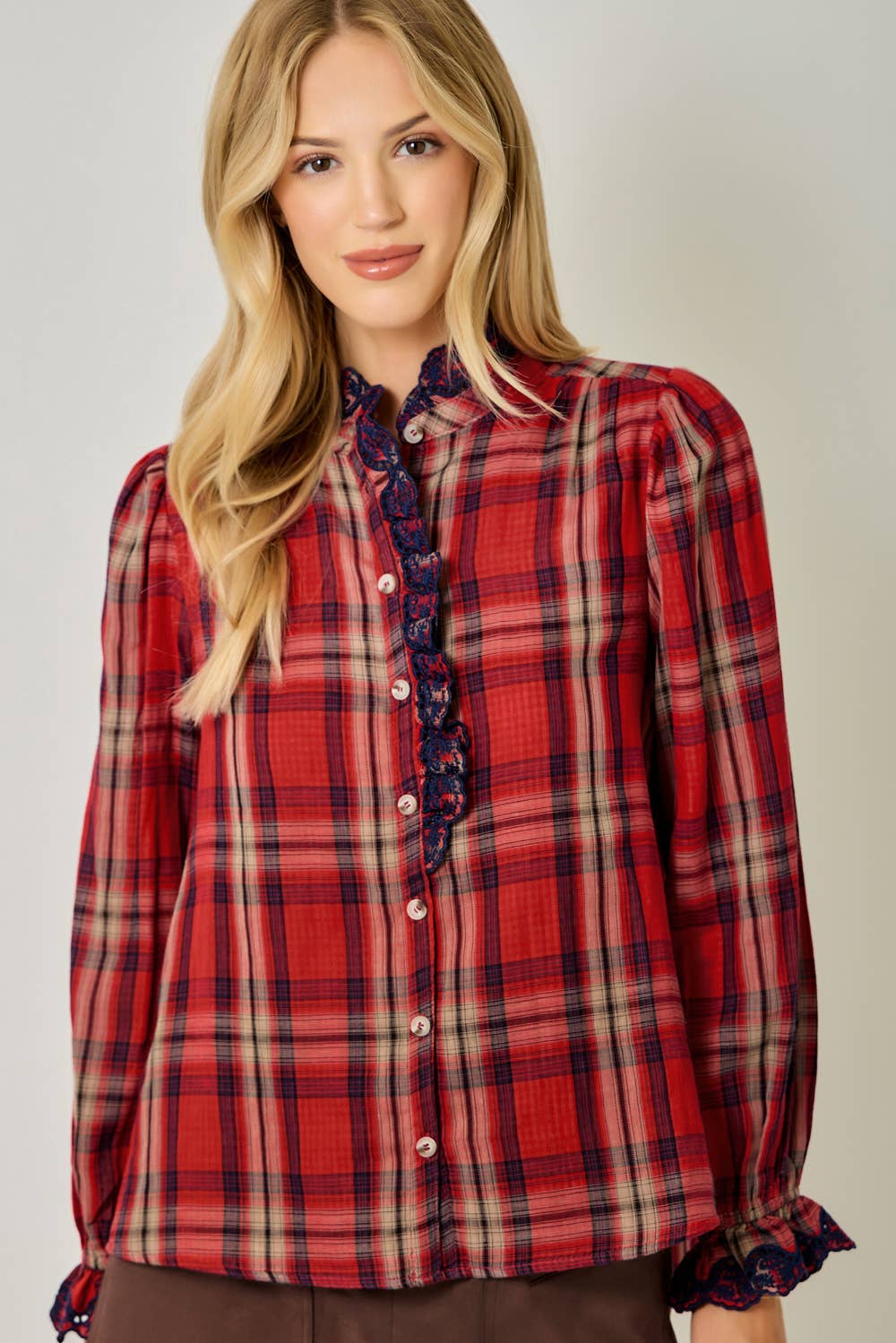 Embroidered Lace Plaid Blouse