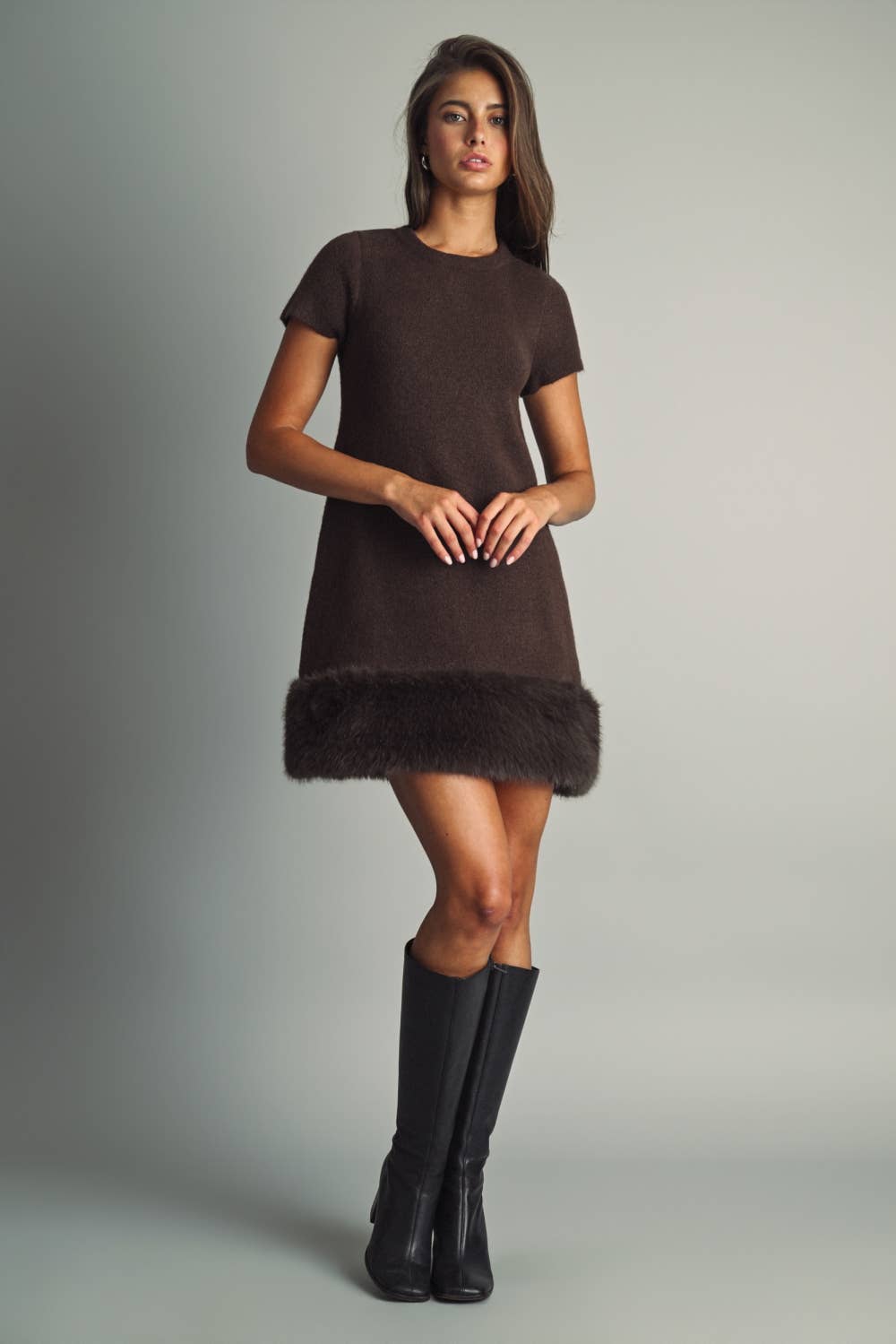 Faux-Fur Trimmed Mini Dress