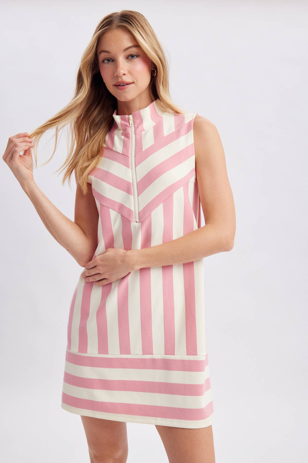 STRIPED HALF-ZIP MINI DRESS