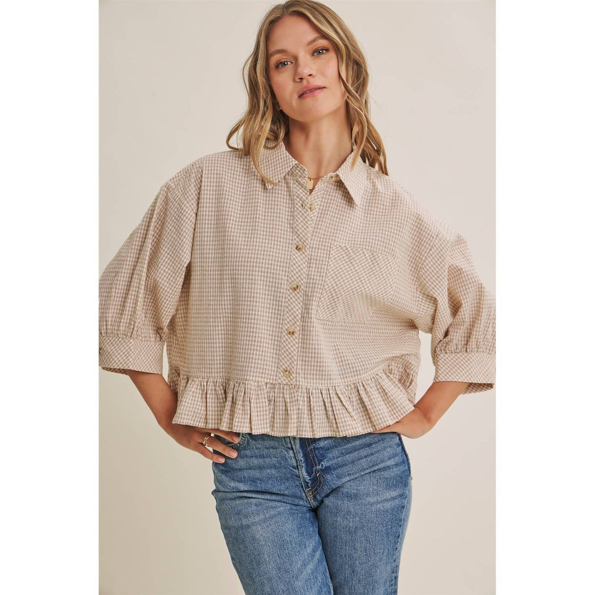 MICRO CHECK RUFFLE HEM BUTTON-DOWN SHIRT