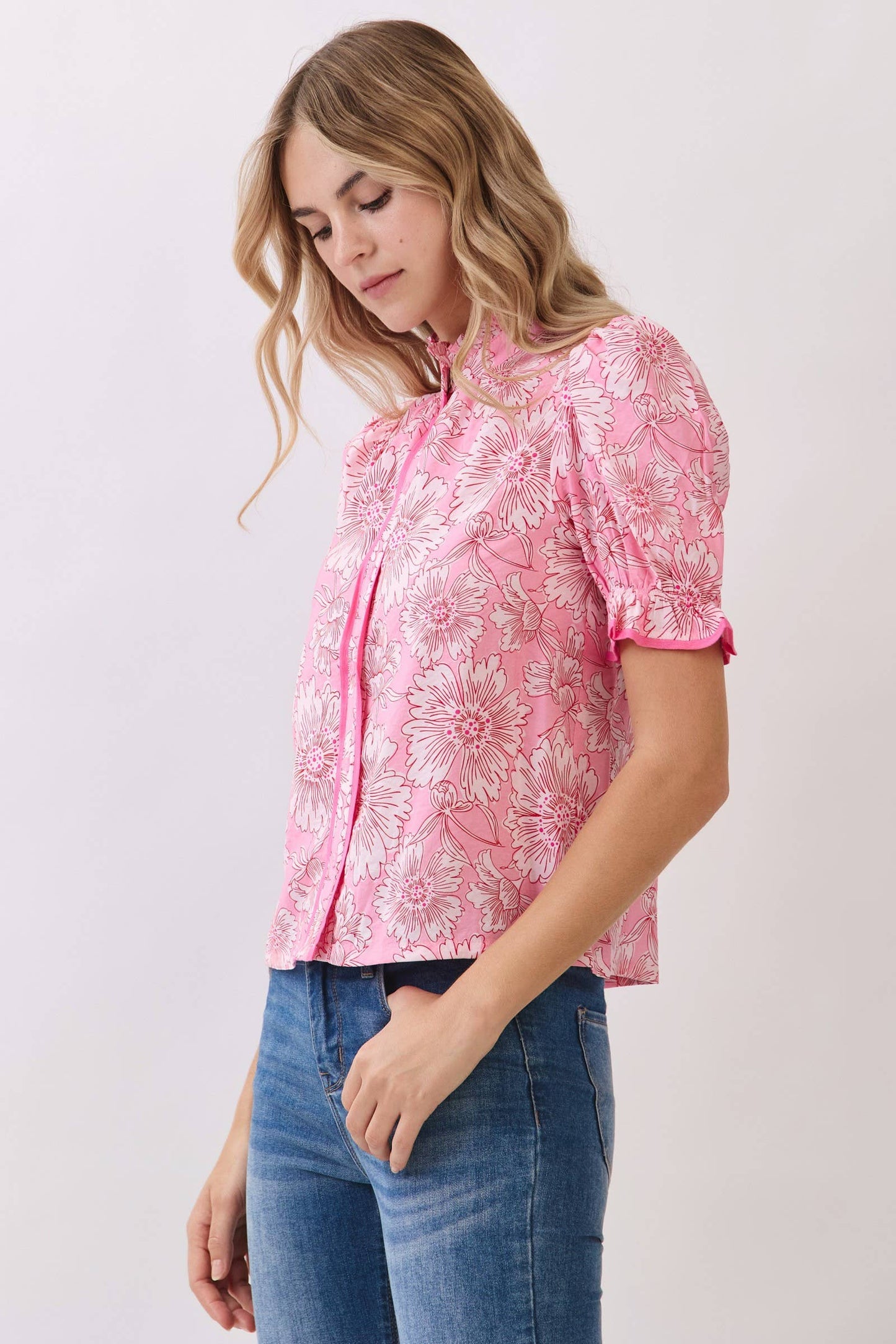 Floral Contrast Piping Detail Puff Sleeve Blouse