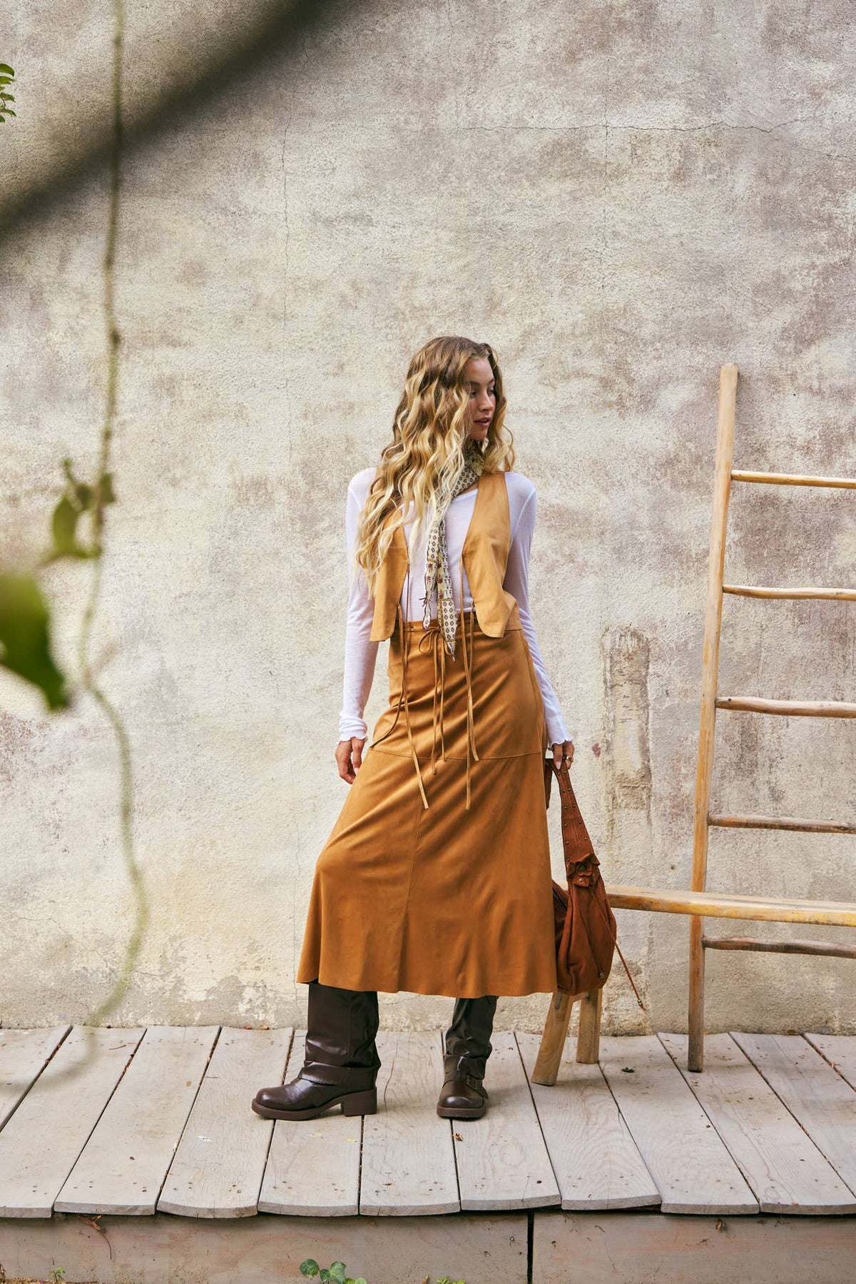 Drawstring Suede Skirt