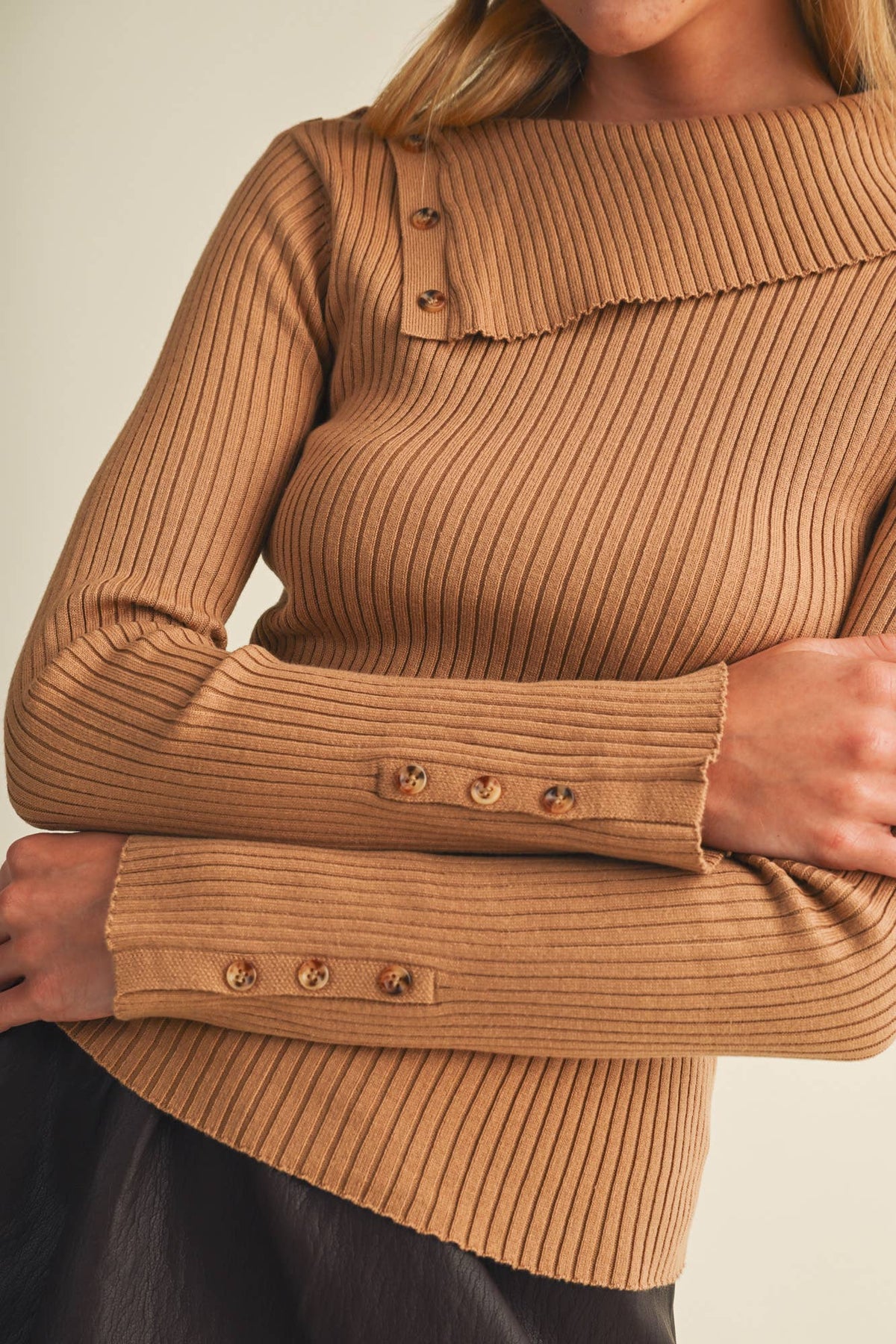 Asymmetric Fold-Over Neck Button Pullover