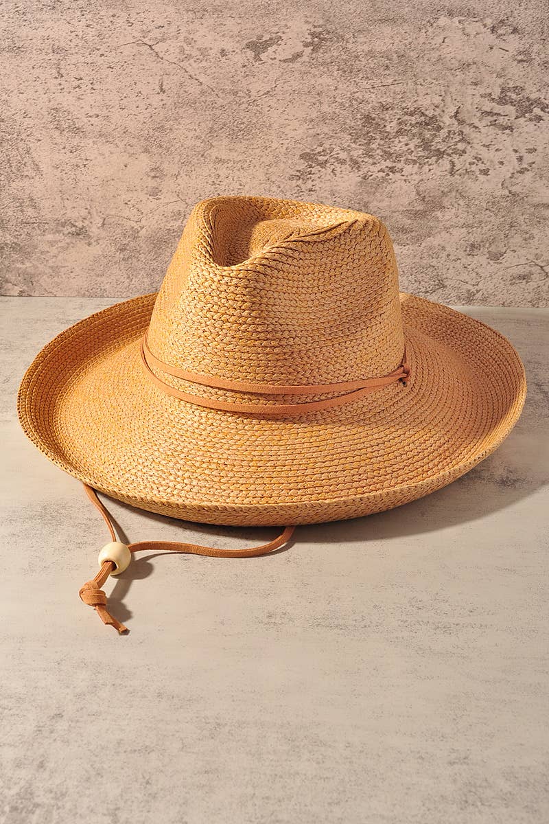 Wide Brim Woven Straw Cowboy Hat with Chin Strap