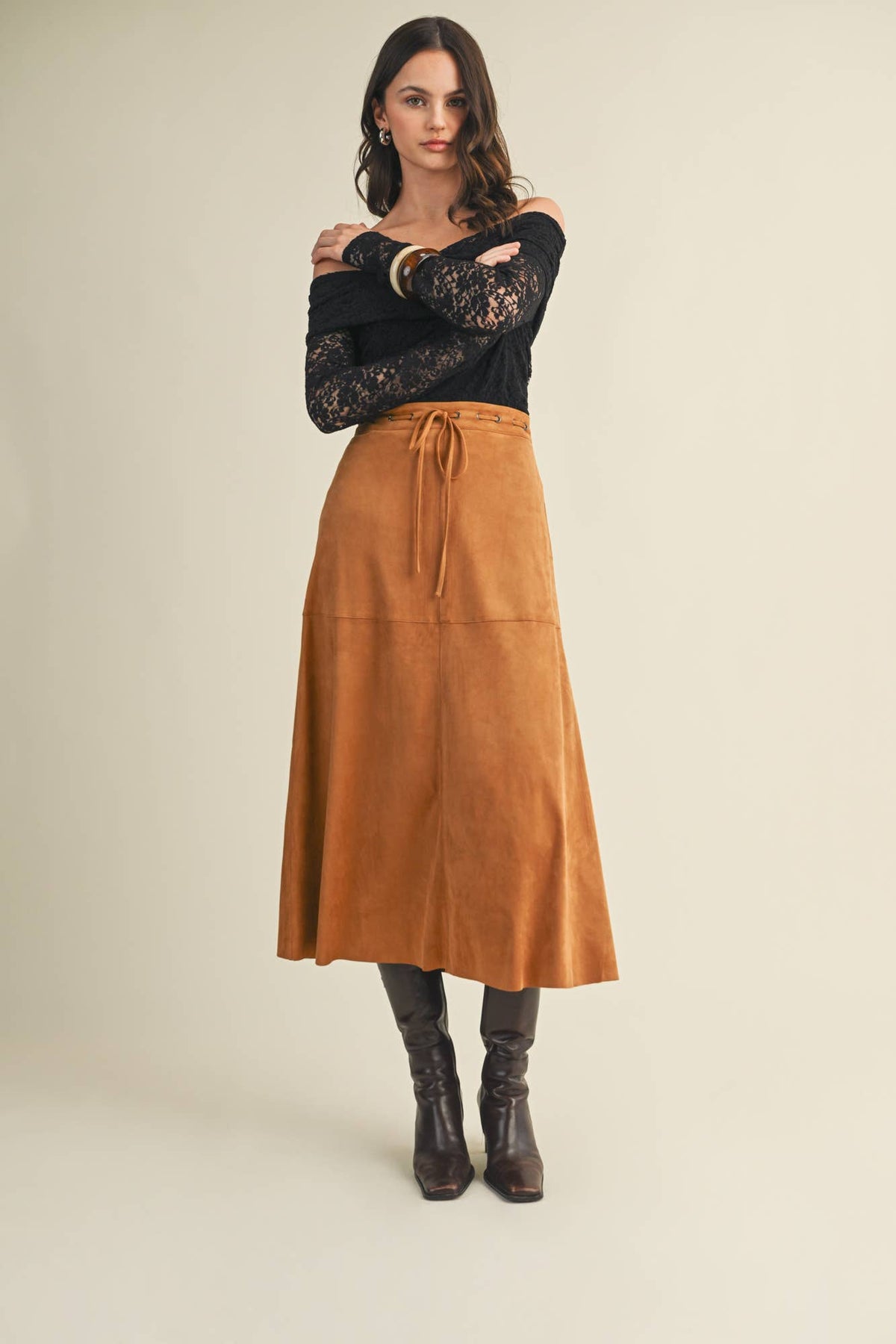 Drawstring Suede Skirt