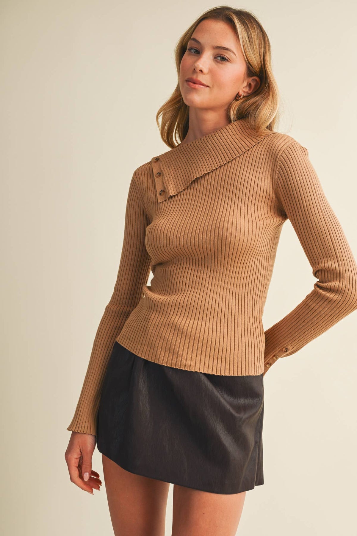 Asymmetric Fold-Over Neck Button Pullover