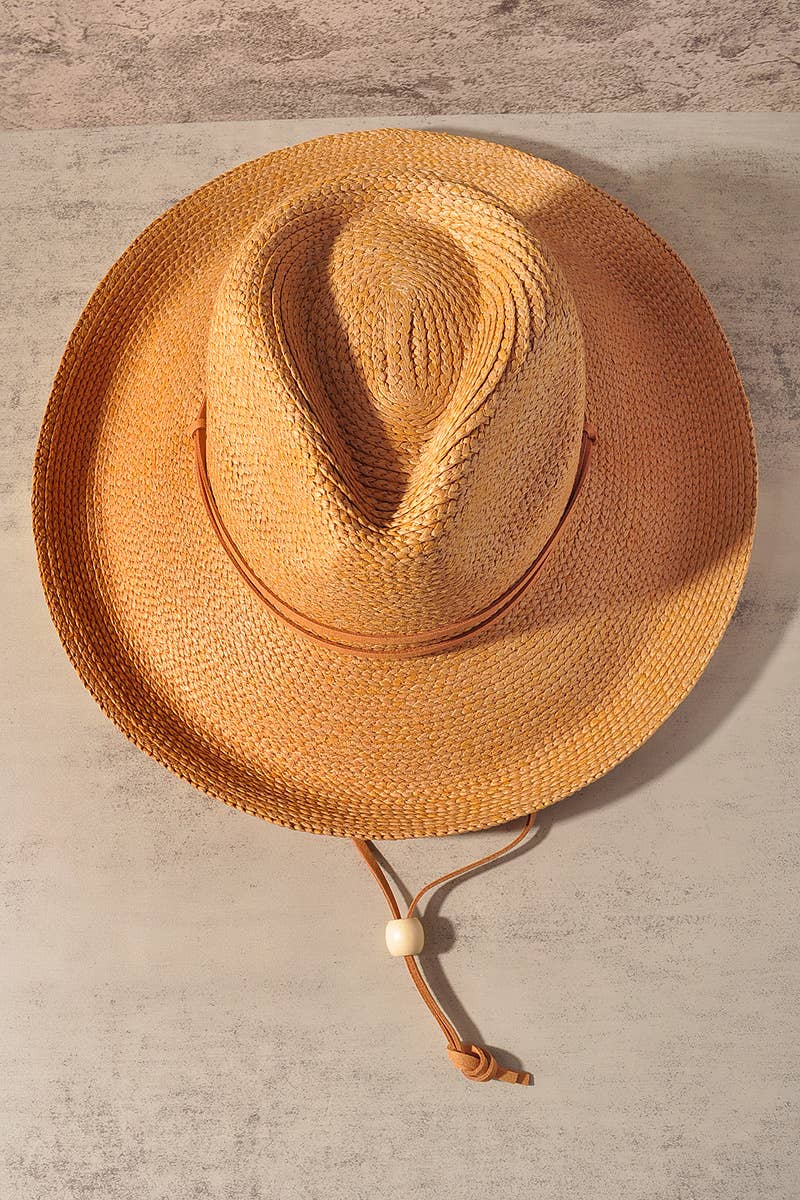 Wide Brim Woven Straw Cowboy Hat with Chin Strap