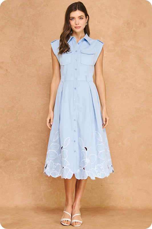 Floral Cut-Out Embroidery Twill Midi dress