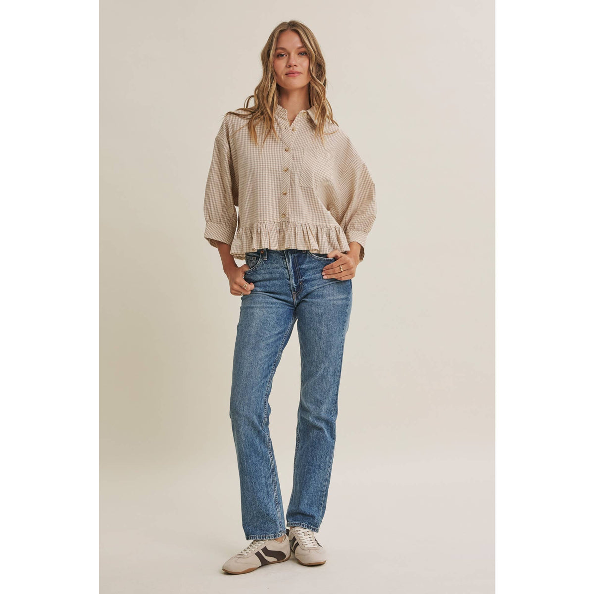MICRO CHECK RUFFLE HEM BUTTON-DOWN SHIRT