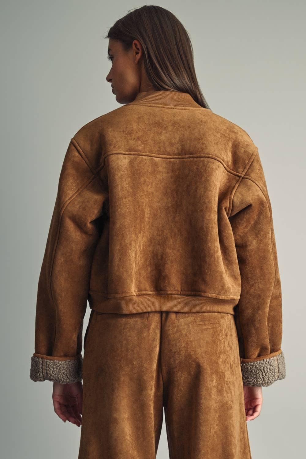 SUEDE SHERPA LINED BOMBER JACKET