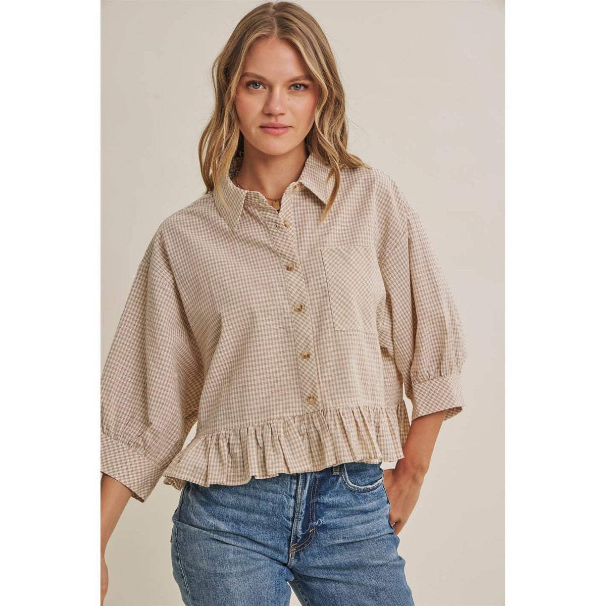 MICRO CHECK RUFFLE HEM BUTTON-DOWN SHIRT