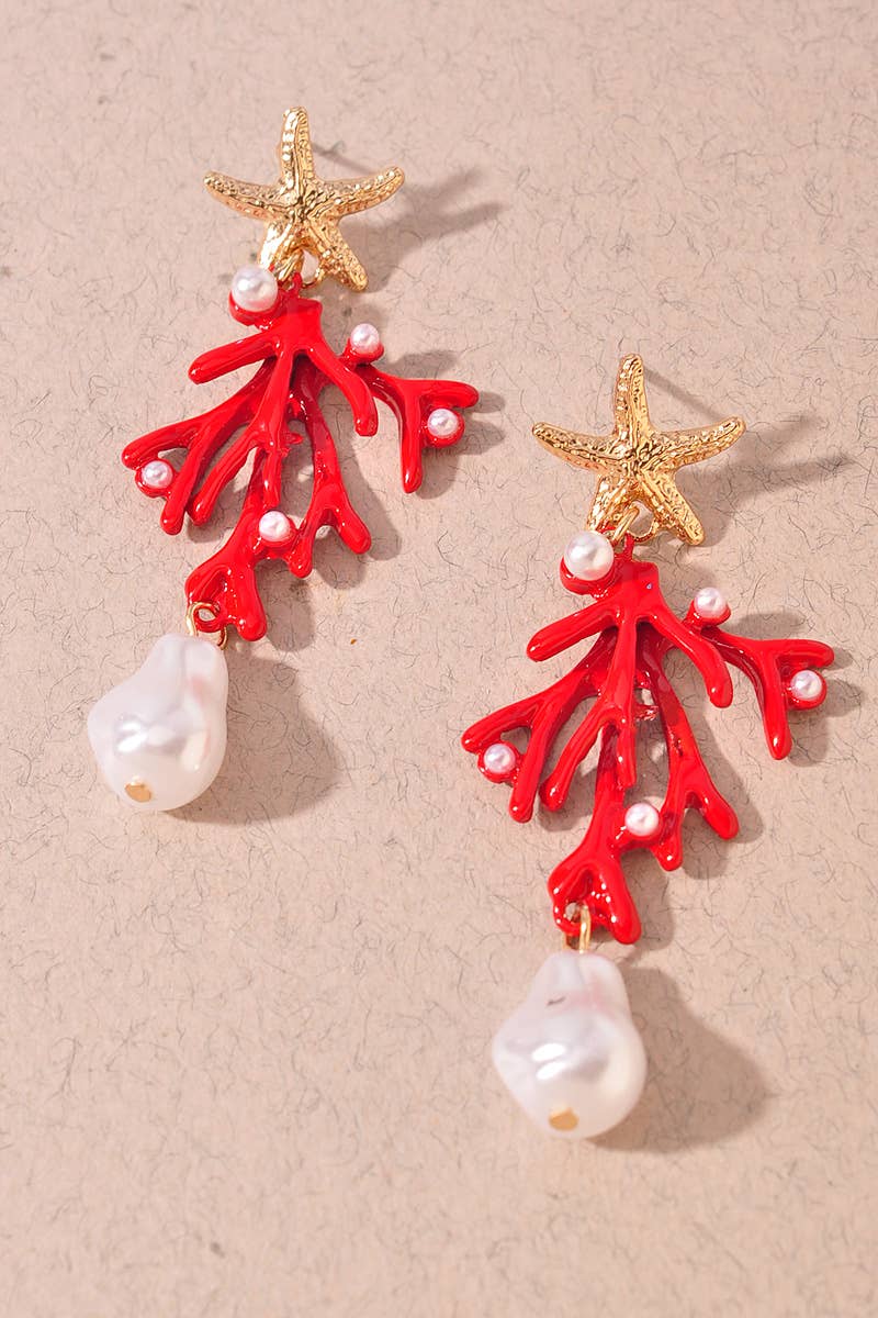 METAL STARFISH PEARL DROP EARRINGS