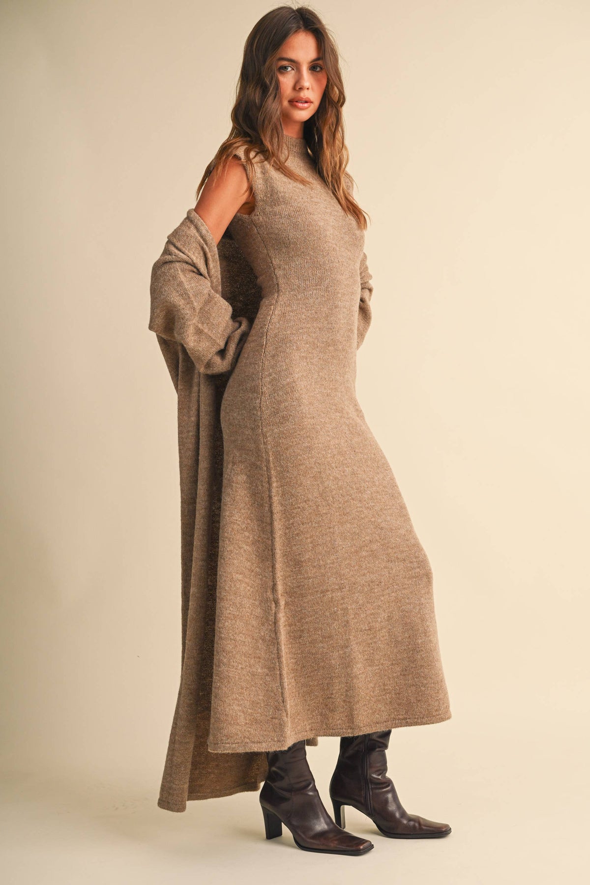 Knitted Cap Sleeve Sweater Dress and Cardigan Set