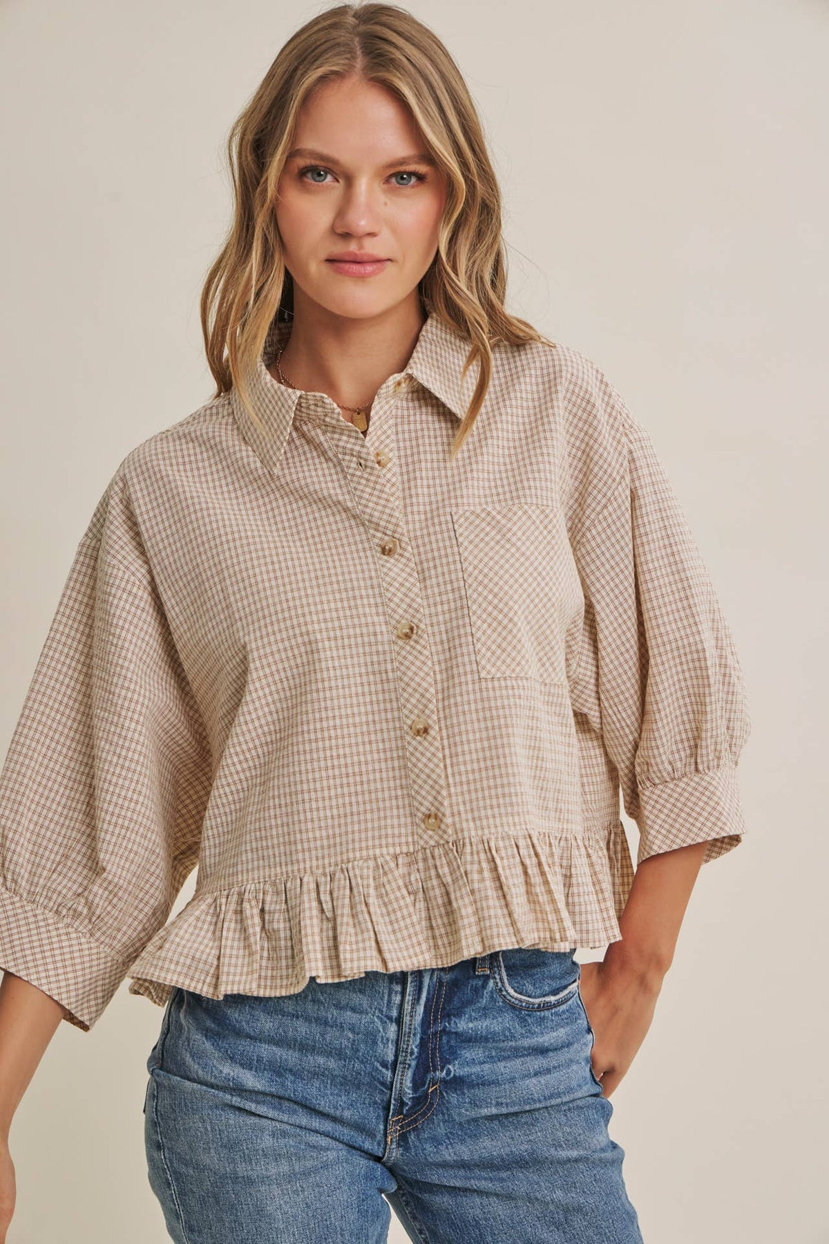 MICRO CHECK RUFFLE HEM BUTTON-DOWN SHIRT