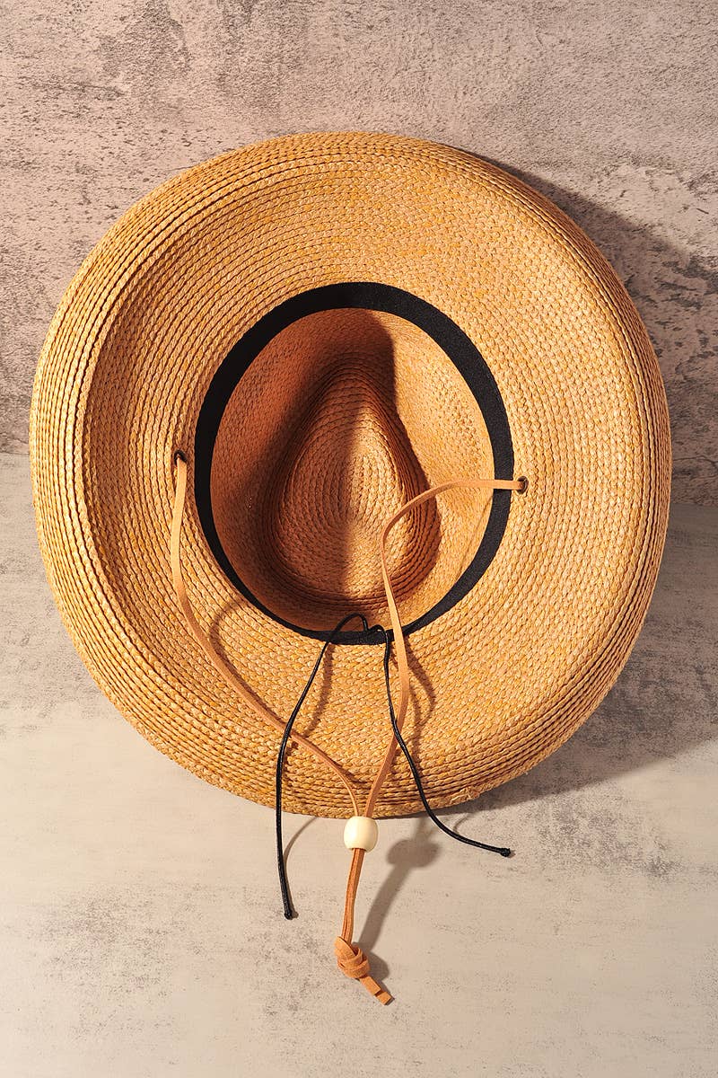 Wide Brim Woven Straw Cowboy Hat with Chin Strap