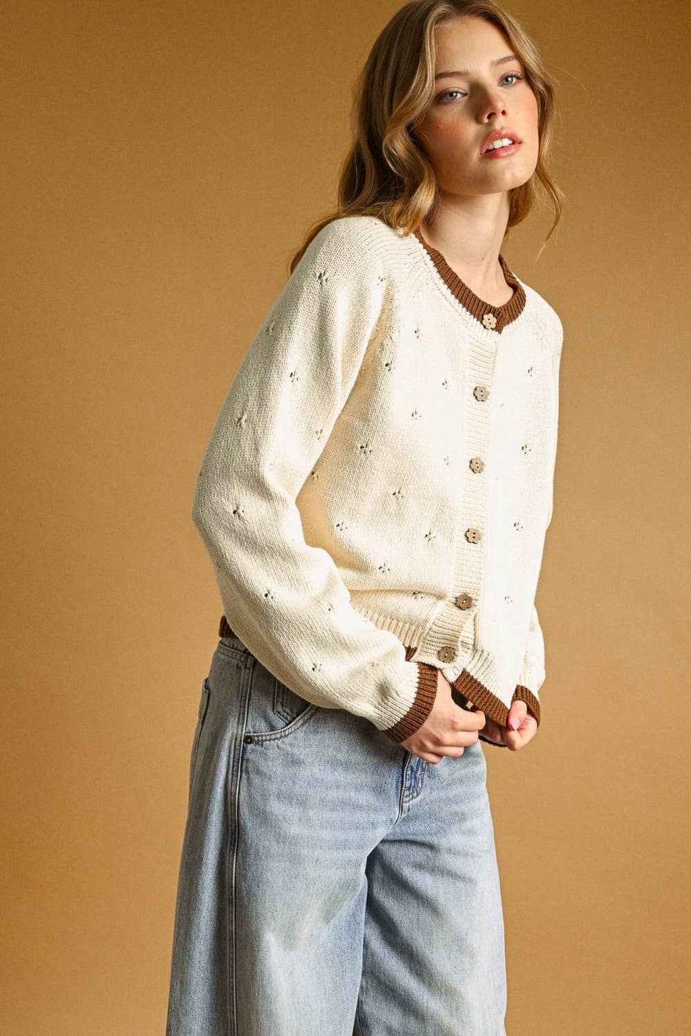 POINTELLE EFFECT KNIT CARDIGAN