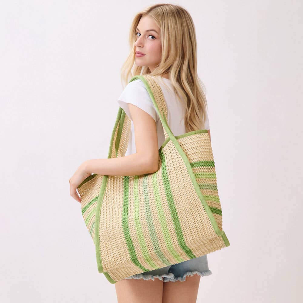 Multi Color Stripes Natural Straw Tote Bag