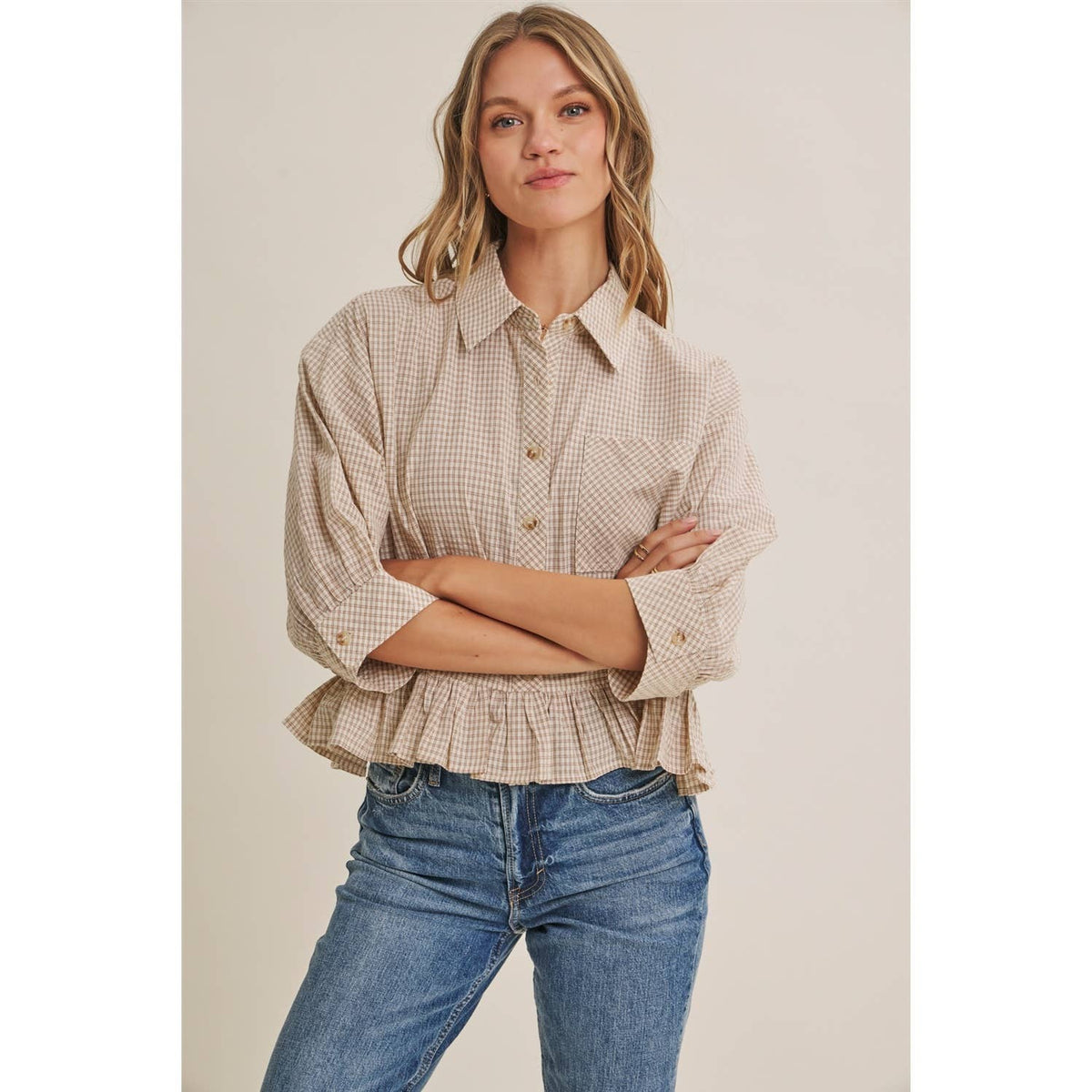 MICRO CHECK RUFFLE HEM BUTTON-DOWN SHIRT