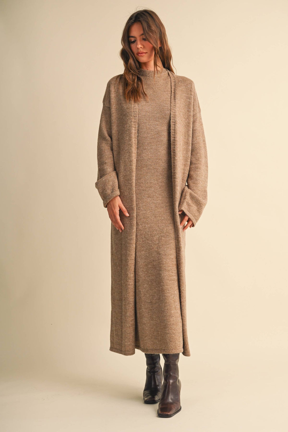 Knitted Cap Sleeve Sweater Dress and Cardigan Set